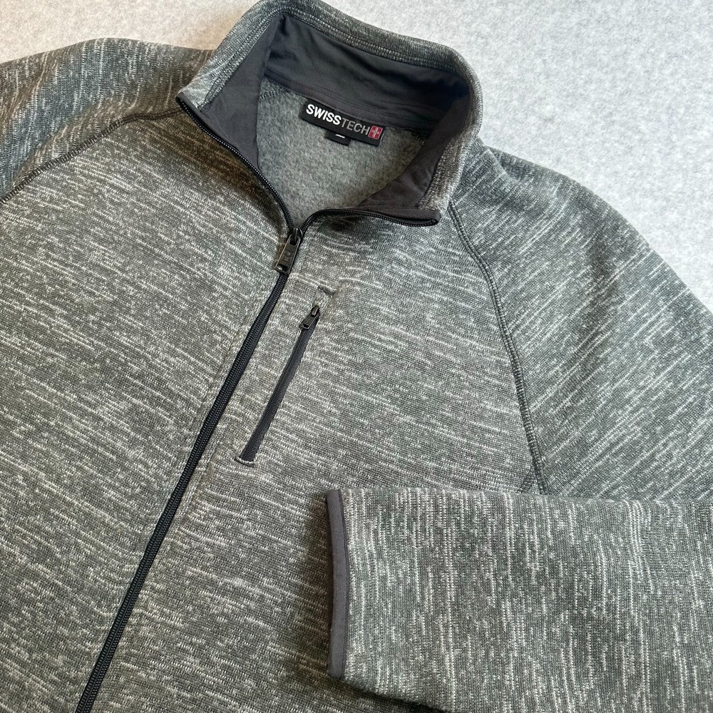 SwissTech Mens L Large Gray Full Zip Fleece Jacket Sweater Knit Outdoor Fall